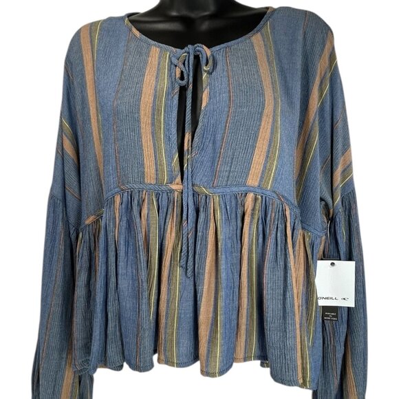 O’NEILL Rosie Top Sz L Navy Blue Striped Front Tie Balloon Sleeve Ruffle Viscose - Picture 2 of 10